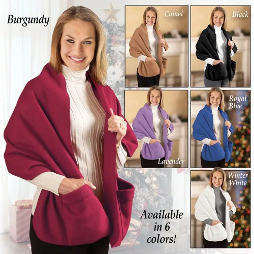 Vista 4 de Collections Etc Cozy - Chal de forro polar con grandes bolsillos frontales, mantiene las manos y los hombros calientes durante la temporada fría