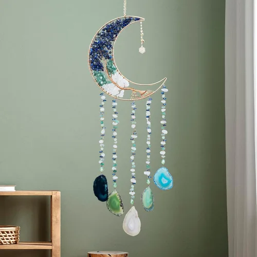 Vista 10 de Campanillas de viento de luna con árbol de cristal hecho a mano para decoración de pared del hogar, decoración de pared de dormitorio, decoración