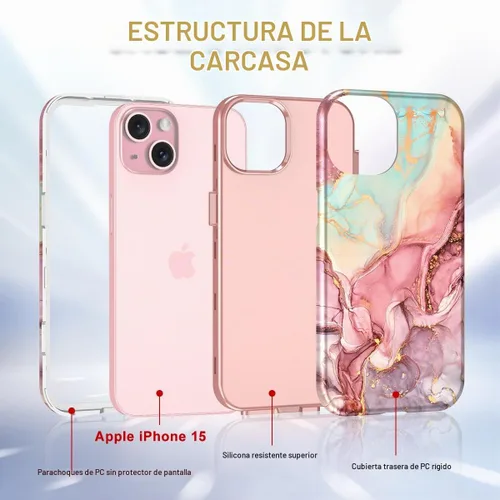 Vista 2 de Btscase Funda para iPhone 15 de 6.1 pulgadas (2023), patrón de mármol 3 en 1, resistente a prueba de golpes, cuerpo completo, policarbonato A-oro