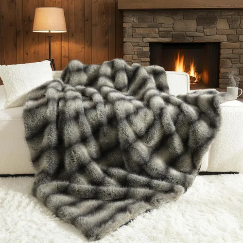Vista 14 de Manta de felpa de piel sintética de lujo con patrón azteca, súper cálida, esponjosa, elegante, mullida manta decorativa para sofá, sillón, sofá