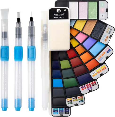 Vista 7 de MEEDEN Juego de pintura de acuarela de viaje: kit de pintura portátil de 42 colores de agua surtidos con 4 pinceles