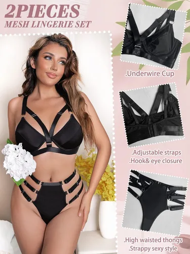 Vista 2 de popiv Conjunto de lencería exótica con tiras para mujer, conjunto de brasier y braga