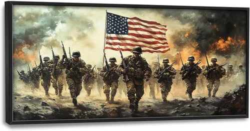 Vista 10 de Arte de pared grande de soldado para sala de estar, bandera patriótica de Estados Unidos, decoración en lienzo con marco militar, impresiones