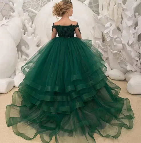 Vista 2 de Vestido de niña de flores de manga larga con apliques de princesa de tul escalonado, vestido de baile para niños, disfraces de fiesta de graduación