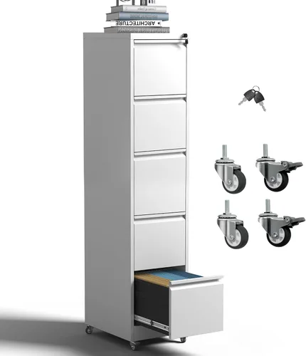 Vista 11 de Archivador de 5 cajones con cerradura, archivadores de metal sobre ruedas, cajones verticales de acero para oficina, almacenamiento para colgar
