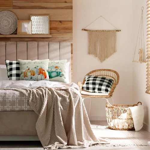 Vista 4 de Fundas de almohada de otoño de 18 x 18 pulgadas – Cuatro fundas de almohada modernas con diseño de granja a cuadros – Estos detalles de decoración