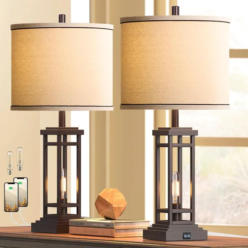 Vista 11 de ROTTOGOON Lámpara de mesa de granja de 27.5 pulgadas de altura con puertos de carga USB C + USB A, lámpara rústica para sala de estar, lámpara