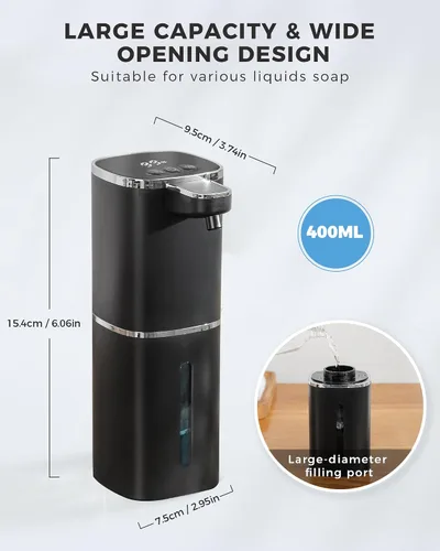 Vista 2 de Dispensador automático de jabón espumoso sin contacto, dispensador de jabón de manos inteligente recargable por USB, 9 niveles ajustables, 13.5 Negro