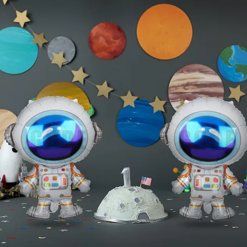 Vista 5 de 2 globos de aluminio con forma de astronautas grandes de Mylar para decoración de fiesta de cumpleaños con temática espacial del universo