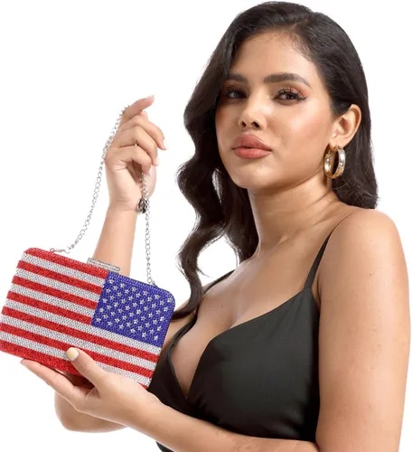 Vista 2 de Boutique De FGG The American National Flag Crystal Clutch Purse for Women Evening Bags Party Chain Shoulder Handbags,Mini