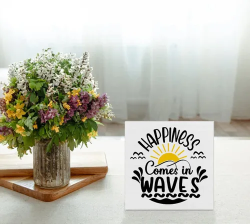 Vista 7 de Letrero de madera con temática de playa, decoración de casa de playa, con texto en inglés «Happiness Comes in Waves», letrero cuadrado de madera