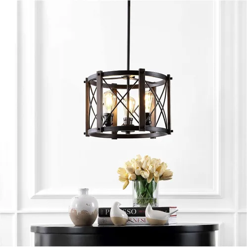 Vista 6 de JONATHAN Y Lámpara colgante de 16 pulgadas de bronce aceitado con 3 luces, lámpara LED regulable industrial para cocina, pantalla de cesta de metal