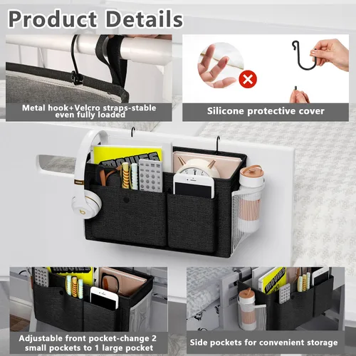Vista 4 de Edudif Organizador de mesita de noche con correas fijas y soporte para botella de agua, litera ideal para el hogar, dormitorio, hospital, cuna, Negro