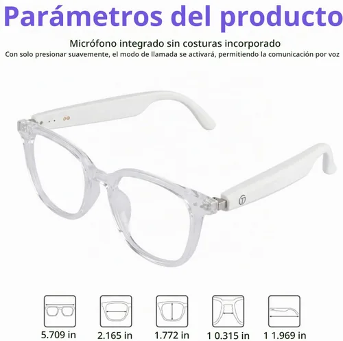 Vista 4 de Gafas inteligentes AI con traducción en tiempo real y audio Blanco-AI