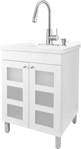 Vista 10 de JS Jackson Supplies, fregadero utilitario con gabinete de tocador blanco, grifo rociador desplegable de arco alto, dispensador de jabón y tocador