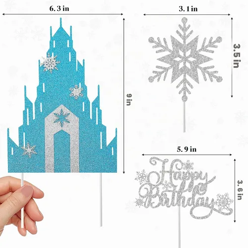 Vista 2 de Decoración de pastel de castillo de congelado, 3 piezas, decoración de copo de nieve con purpurina para fiesta de cumpleaños temática de castillo