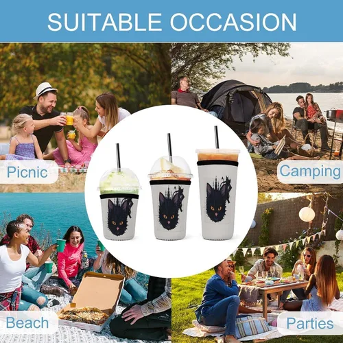 Vista 8 de Abstract Kitty Reusable Insulated Neoprene Iced Coffee Cup Sleeves 3 Sizes Diving Material Cup Durable Beverage Covers for Cold Coffee Tea Drinks