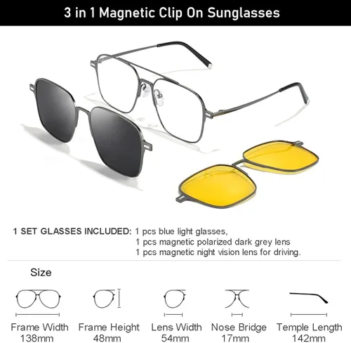 Vista 3 de 3 lentes de sol magnéticos con clip para hombres y mujeres, polarizados, protección UV, retro, cuadrados, para conducir por la noche