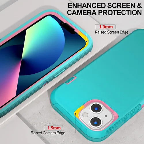 Vista 4 de Funda para iPhone 13 con 2 protectores de pantalla, resistente de grado militar, funda de cuerpo completo para hombres y mujeres (aguamarina + rosa)