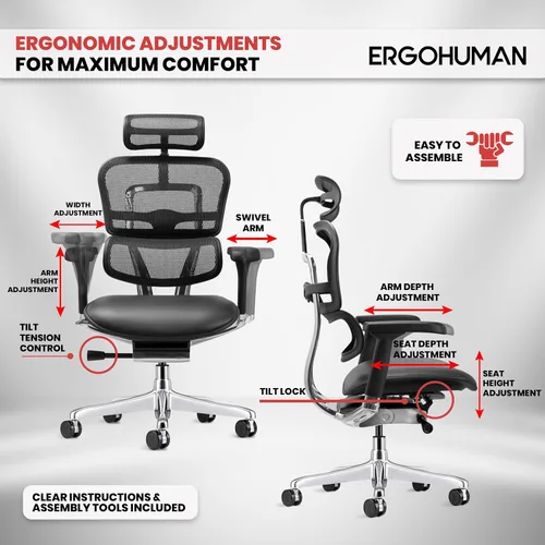 Vista 8 de Ergohuman Eurotech LEM4ERG - Silla de oficina ejecutiva de malla con respaldo alto con asiento de cuero, control de tensión de inclinación, bloqueo