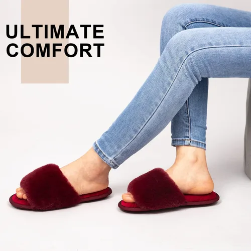 Vista 2 de LongBay Pantuflas de espuma viscoelástica de piel sintética para mujer, cómodas y planas, con puntera abierta, cómodas sandalias de casa