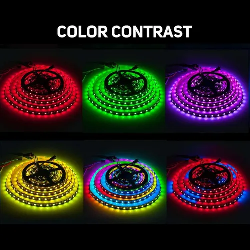 Vista 2 de SEZO WS2812B ECO Tira de luz LED 16.4 pies/5M 60 LED/m 300 píxeles, direccionable individualmente, programable, 5050SMD, RGB, aleación, cables Negro