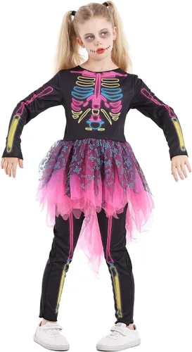 Vista 2 de Seasons Disfraces de Halloween para niñas, disfraces de esqueleto brillante de neón