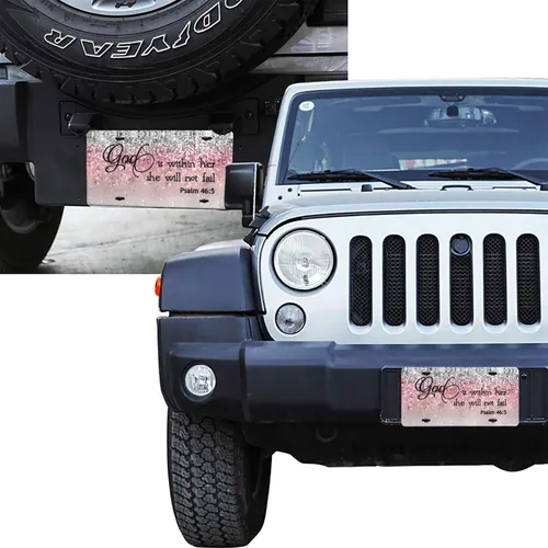 Vista 7 de Placa de matrícula delantera personalizada de aluminio con versículo bíblico Salmo 46:5 "Dios está en ella, no fallará" con destellos rosa