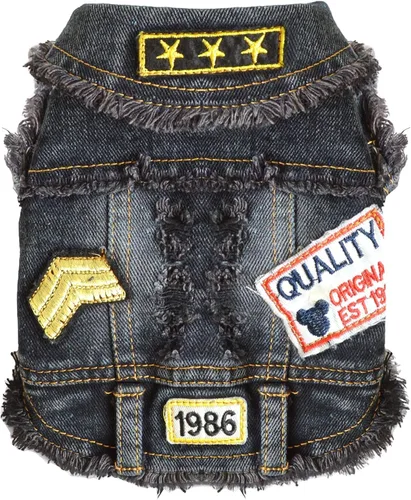 Vista 13 de Chaqueta de mezclilla para perro con anillo en D, abrigo de mezclilla azul, trajes para perros pequeños, gatos, macho, niña, ropa de cumpleaños