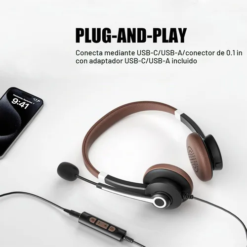 Vista 2 de Arama Auriculares USB con micrófono para PC, USB-C/A y conector de 0.1 in