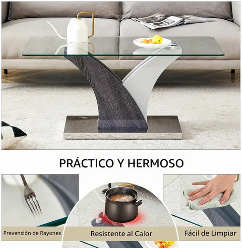 Vista 3 de Mesa de centro rectangular de vidrio para sala de estar, mesa central transparente moderna de 39 pulgadas, mesa de sala de estar de vidrio templado