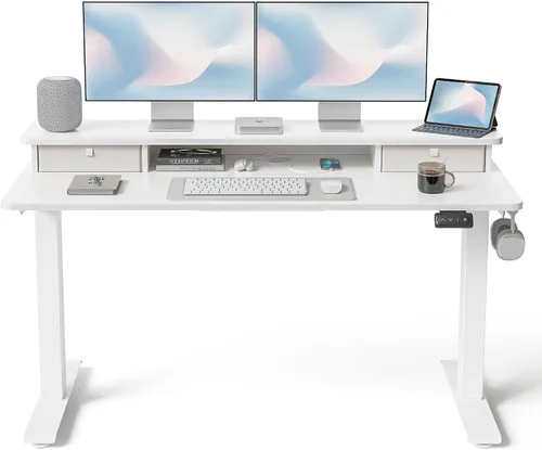 Vista 11 de FEZIBO Escritorio de pie de 48 x 24 pulgadas con altura ajustable, escritorio eléctrico de pie con doble cajón, escritorio de oficina en casa con 4