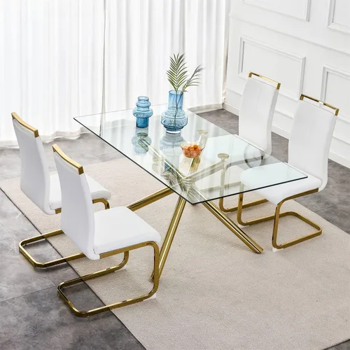 Vista 7 de LKTART Mesa de comedor rectangular de vidrio de 71 pulgadas con mesa de vidrio templado de 0.39 pulgadas y patas de metal cromado dorado