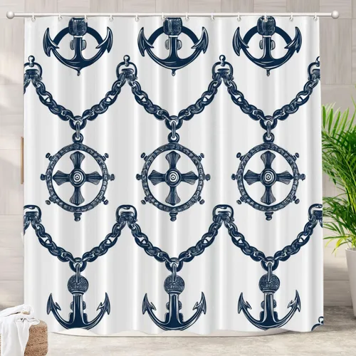 Vista 34 de Batmerry Maritime Nautical Hookless Shower Curtain with Snap in Liner Set, Anchors Ship Wheel Bath Curtain Magnetic Hem Quick-Drying Waterproof