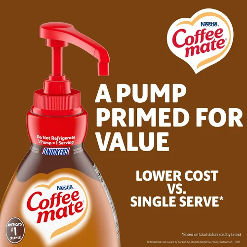 Vista 4 de Coffee mate Snickers - Botella dispensadora de crema líquida saborizada, sabor Snicker, 50.72 fl oz (1.50 L) - 1EachBottle