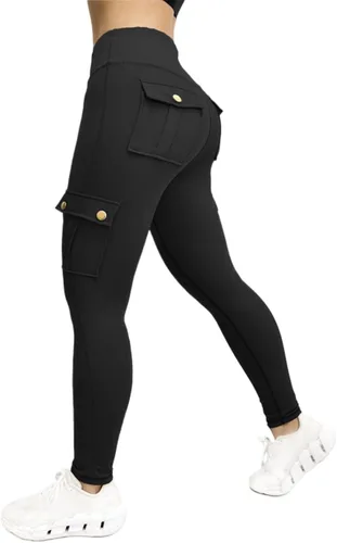 Vista 2 de Leggings cargo para mujer con bolsillos con solapa, talla grande, pantalones de yoga de cintura alta, leggings de entrenamiento con levantamiento