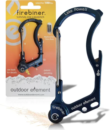 Vista 33 de OUTDOOR ELEMENT Firebiner Custom Engraved 6-in-1 Fire Starter Carabiner Multitool – Survival Gear EDC Keychain with Utility Blade, Bottle Opener