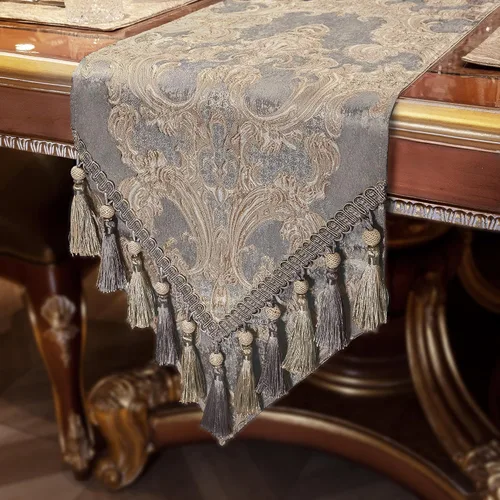 Vista 8 de Loom and Mill - Camino de mesa de damasco elegante y lujoso, 72 pulgadas de largo, color beige Jacquard Table Runners with Handmade Multi-Tassels
