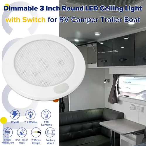 Vista 2 de Luces interiores regulables de 12 V LED de techo con interruptor de 3 pulgadas, montaje en superficie redonda, 12 voltios, luz de ducha para Blanco