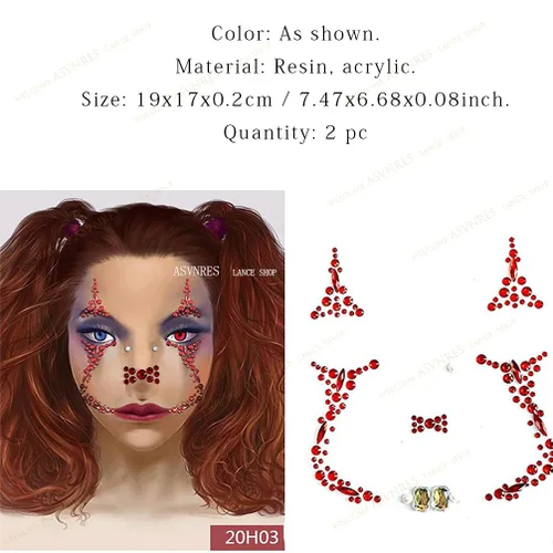 Vista 2 de 1 pieza de gemas faciales para Halloween, Día de los Muertos, tatuajes temporales de calavera con diamantes de imitación, piedras de cristal, gemas