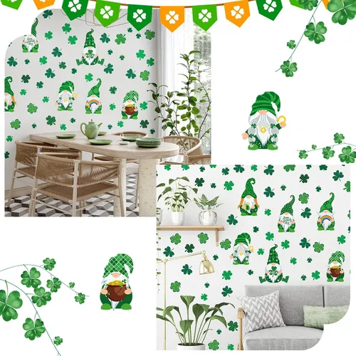Vista 7 de Glenmal 6 hojas de vinilos para pared del día de San Patricio, pegatinas de pared de trébol y gnomo, pegatinas para ventanas del día de San Patricio