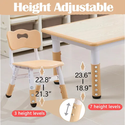 Vista 3 de Juego de mesa y sillas para niños, escritorio ajustable en altura con 6 asientos para edades de 2 a 10 años, mesa de arte y manualidades, escritorio