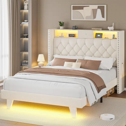 Vista 4 de Base de cama LED tamaño matrimonial con estación de carga USB, base de cama tapizada de terciopelo con cabecera de almacenamiento con botón