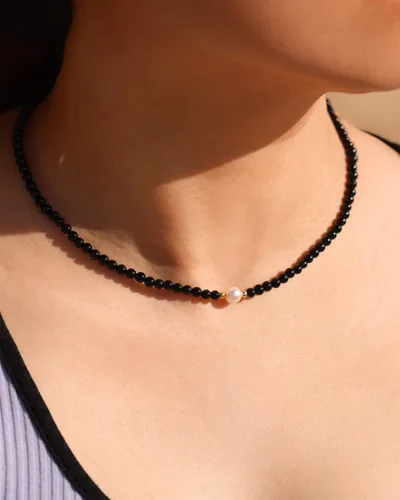 Vista 2 de Jewever Gargantilla de perlas cultivadas de agua dulce con ágata negra para mujer, cristales y piedras curativas, regalo de joyería, collar