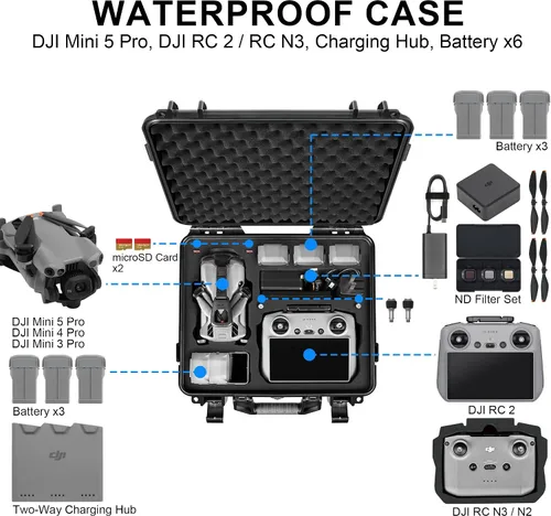 Vista 2 de Lekufee Estuche rígido impermeable para transportar DJI Mini 5 Pro Drone, Fly More Combo, DJI RC 2/RC N3, batería (6 piezas), concentrador de carga