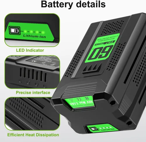 Vista 2 de Repuesto para batería Greenworks de 60 V, batería de 5.0 Ah y cargador Combo