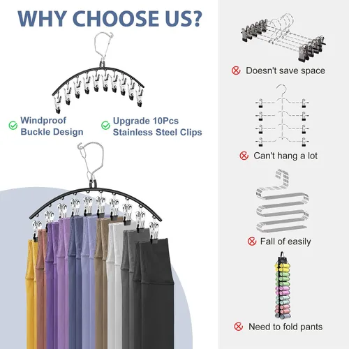 Vista 6 de Paquete de 3 perchas para faldas y pantalones con clips, organizador de leggings para colgar en el armario con 10 clips con capacidad para 30