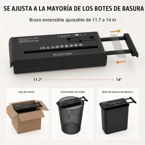 Vista 3 de Trituradora de papel compacta de corte en banda, capacidad de 6 hojas, nivel de seguridad P-1, funcionamiento continuo de 3 minutos, 4 modos