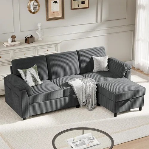 Vista 5 de Sofás seccionales para sala de estar, sofá en forma de L con bolsillo lateral de almacenamiento, cómodos sofás de 3 asientos para apartamento, gris