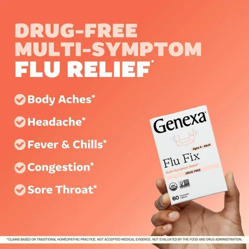 Vista 2 de Genexa Flu Fix Remedio Multi-Síntoma para el Resfriado para Niños y Adultos Alivia Dolores, Fiebre, Congestión Sabor a Acai Berry Orgánico